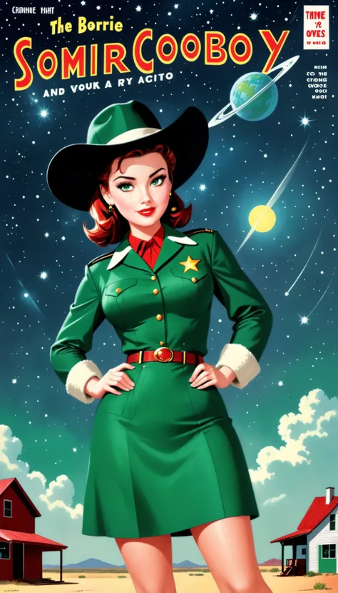 a cover for a comic book, a comic book cover about all space cowboy, 1 cowboy wearing a hat in the style of amazing stories, 1940s 1950s, red and green, comic art, realistic genre scenes, romanticized realism dynamic