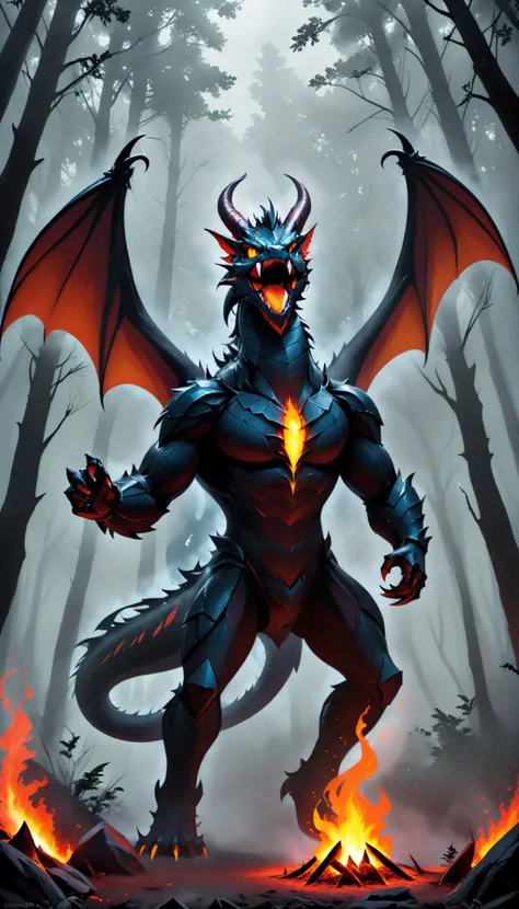 a giant monster hybrid of dragon and spider, in dark dense foggy forest, fire, no humans, open mouth, wings, dragon, sharp teeth, teeth, tail, solo, breathing fire, horns, monster, claws, smoke