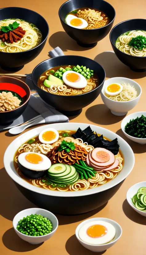 bowl of steaming hot ramen noodles, with a variety of toppings including sliced pork, boiled egg, green onions, and a sheet of nori (dried seaweed). The broth looks rich and flavorful, likely made from a combination of chicken, pork, and dashi.