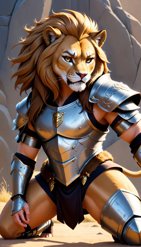 a lion in armor poses for a picture, cinematic close shot