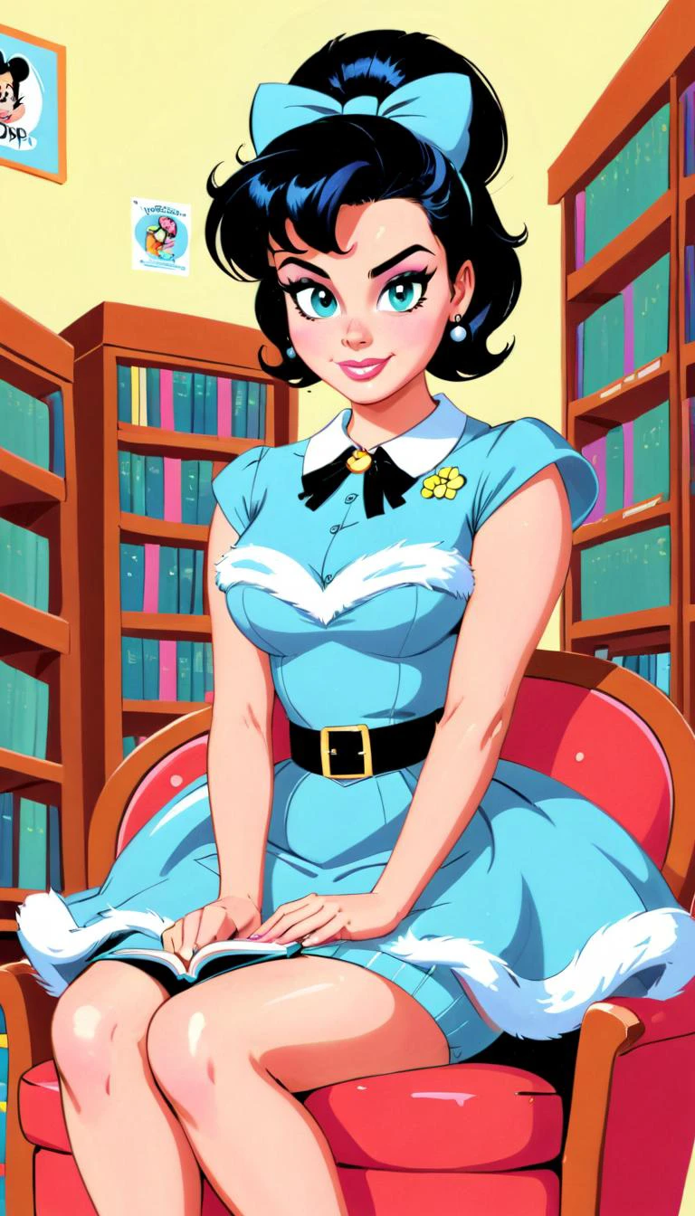 Voidpunk, Comely Female Reading in the library, she is dressed in fluffy dress, The Kapoteh is 1960'S, Modern Disney, Robert Campin, Flat Art, portrait art by Chris Samnee,