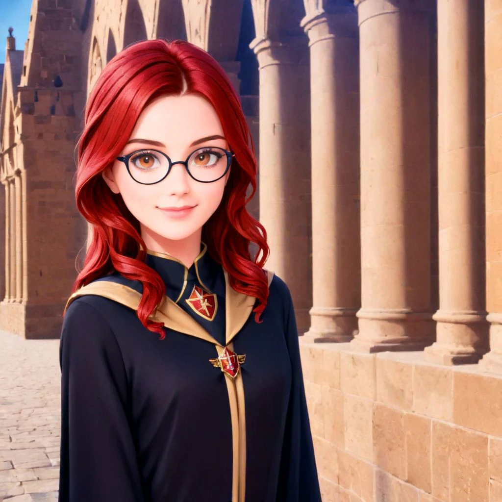 (8k, RAW photo, best quality, masterpiece:1.2), (intricate details), perfect eyes, perfect face, perfect lighting, beautiful, (masterpiece:1.2), (best quality:1.2), 1girl, solo, alya cesaire, red hair, full body, Hogwarts<lora:alyacesaire-10:0.75> Hogwarts Uniform, gryffindor Uniform, smiling, friendly, long black robe, ager, gryffindor insignia on robe, horn-rimmed glasses, teen
