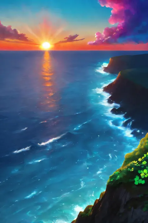 colorful smoke <lora:colorful_03_colorful_smoke:1.0>,
Puffins wearing tiny clover leaf hats, dancing on the cliff edge, with the Atlantic Ocean's waves crashing below, illuminated by the radiant light of sunset.,
amazing, beautiful, breathtaking, astonishing, brilliant,