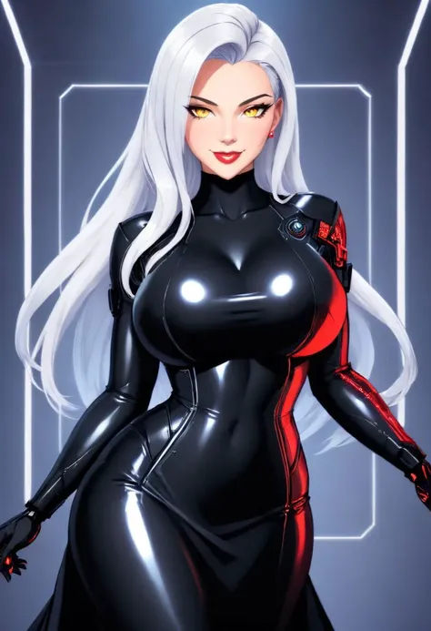 zentreya, cyborg, cybernetic limbs, vshojo, vtuber, yellow eyes, white long hair, shinny metallic 
 red and black dress, shiny skin, seductive smile, seductive look, naughty face, perfect replica, exact replica, cute, elegant, majestic, pretty, beauty, perfect, sexy, seductive, busty, 3d, cgi, large breasts, firm breasts, perky breasts