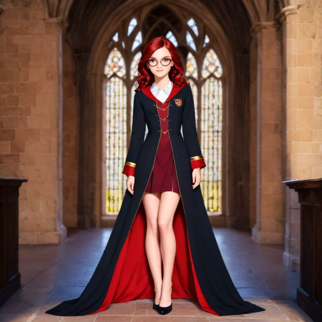 (8k, RAW photo, best quality, masterpiece:1.2), (intricate details), perfect eyes, perfect face, perfect lighting, beautiful, (masterpiece:1.2), (best quality:1.2), 1girl, solo, alya cesaire, red hair, full body, Hogwarts<lora:alyacesaire-10:0.75> Hogwarts Uniform, gryffindor Uniform, smiling, friendly, long black robe, ager, gryffindor insignia on robe, horn-rimmed glasses, teen