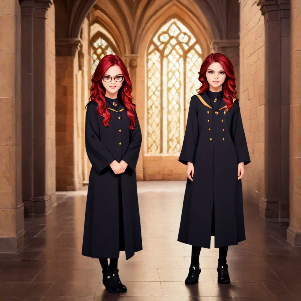 (8k, RAW photo, best quality, masterpiece:1.2), (intricate details), perfect eyes, perfect face, perfect lighting, beautiful, (masterpiece:1.2), (best quality:1.2), 1girl, solo, alya cesaire, red hair, full body, Hogwarts<lora:alyacesaire-10:0.75> Hogwarts Uniform, gryffindor Uniform, smiling, friendly, long black robe, ager, gryffindor insignia on robe, horn-rimmed glasses, teen