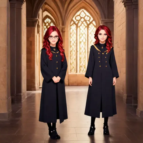 (8k, RAW photo, best quality, masterpiece:1.2), (intricate details), perfect eyes, perfect face, perfect lighting, beautiful, (masterpiece:1.2), (best quality:1.2), 1girl, solo, alya cesaire, red hair, full body, Hogwarts<lora:alyacesaire-10:0.75> Hogwarts Uniform, gryffindor Uniform, smiling, friendly, long black robe, teenager, gryffindor insignia on robe, horn-rimmed glasses, teenager