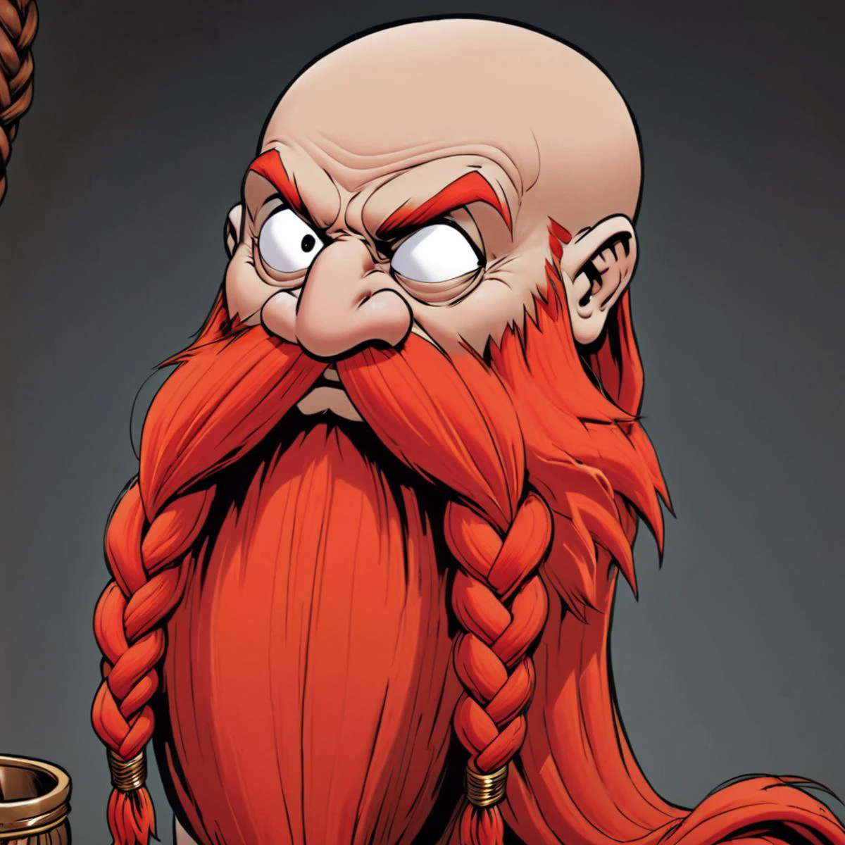 comic book art of Harry_Dwarf, disgusted, flowing long red beard, braided moustache,bald, bangles,facing forward, facing the viewer, <lora:Harry_Dwarf_1.5:1>, <lora:Harry_Patridge:1>,graphic illustration, graphic novel art, vibrant, highly detailed, comic art, graphic novel illustration