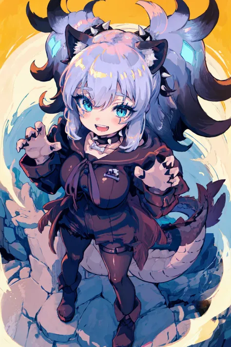 <lora:cerberusKemonoFriends_cerberus10:1>, Natural Volumetric Lighting And Best Shadows, Deep Depth Of Field, Sharp Focus, Portrait Of Stunningly Beautiful Kemono Girl, Blue Scar Across Right Eye, Soft Delicate Beautiful Attractive Face With Alluring Cyan Shiny Eyes, Lovely Medium Large Breasts, Voluminous Mascara, Blue Sharp Eyeliner, Seductive Smiling, Open Mouth, Whiter Teeth With Cute Fangs Out, Windswept Disheveled Dark Purple-Black Hair, Spiked Hair Tie, Thick Layered Medium Messy Twin Tail Hairstyles, Blush Eyeshadow With Thick Eyelashes, Parted Lips, Pointy Black-Tipped Dog Ears Fur And Serpent Tail, Black Spike Choker With Bone Shape Name Tag, Black Bandeau Top With Ribbons, Long Black Fingerless Gloves With Fold-Over Cuffs, Black Ripped Shorts, Black Pantyhose With Thighs Pair Of Belts, Black Lace-up Spiked Boots, Hole On The Top Of The Cave, Cave Son Doong, Standing On The Big Rocks In A Cave, (Hands Up And Claw Pose:1.1), (Highest Quality, Amazing Details:1.4), Dramatic, Color Grading, Picturesque, Brilliant Colorful Paintings