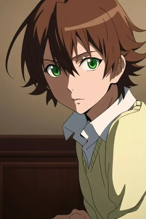 masterpiece, best quality, high quality, 1boy, solo, male focus, looking at viewer, upper body, <lora:tatsumi:0.84>, tatsumi, brown hair, green eyes, <lora:Realism-10:0.20>, Realism