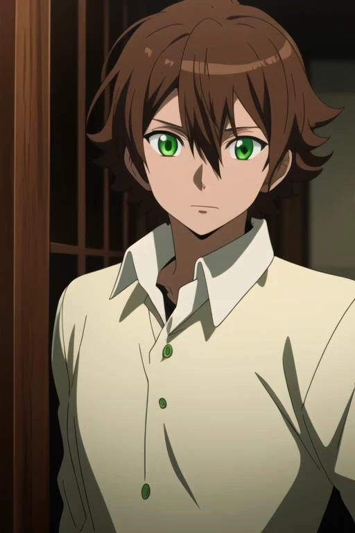 masterpiece, best quality, high quality, 1boy, solo, male focus, looking at viewer, upper body, <lora:tatsumi:0.72>, tatsumi, brown hair, green eyes, <lora:animemix_v3_offset:0.90>
