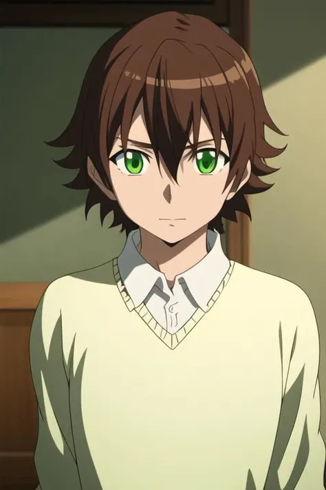 masterpiece, best quality, high quality, 1boy, solo, male focus, looking at viewer, upper body, <lora:tatsumi:0.80>, tatsumi, brown hair, green eyes, sweater <lora:animemix_v3_offset:0.70>