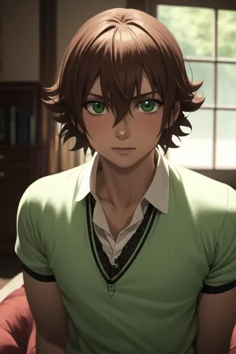 masterpiece, best quality, high quality, 1boy, solo, male focus, looking at viewer, upper body, <lora:tatsumi:0.82>, tatsumi, brown hair, green eyes, <lora:Realism-10:0.20>, Realism