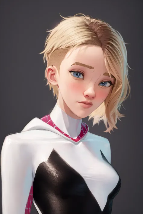 masterpiece, best quality, 1girl, gwenstacy, blonde hair, asymmetrical hair, blue eyes, hooded bodysuit, eyebrow piercing, closeup, solo, simple background <lora:GwenStacy:1>