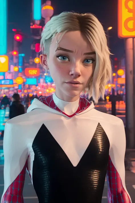 masterpiece, best quality, 1girl, gwenstacy, blonde hair, asymmetrical hair, blue eyes, hooded bodysuit, eyebrow piercing, solo, looking at viewer, cyberpunk city background, night, neon light<lora:GwenStacy:1>