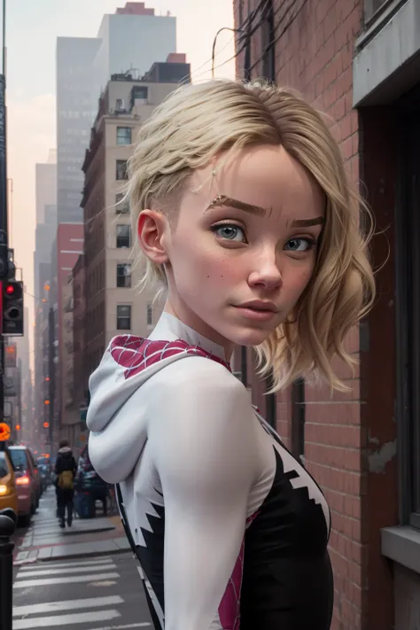 masterpiece, best quality, 1girl, gwenstacy, blonde hair, asymmetrical hair, blue eyes, hooded bodysuit, eyebrow piercing, upper body, solo, looking at viewer, buildings, top of building, new york city background <lora:GwenStacy:0.8> <lora:add_detail:0.5>