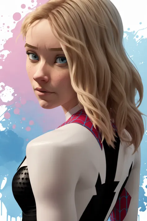 flat color,colorful,masterpiece, best quality, original, extremely detailed wallpaper, closeup, gwenstacy, looking at viewer, 1girl, solo,floating hair, colorful water painting <lora:GwenStacy:1>