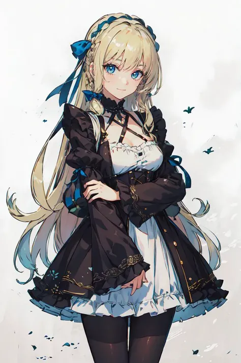ultra detailed, masterpiece, best quality, solo, soft smile, light smile, cowboy shot,
1girl, blue eyes, very long hair, blonde hair, long blonde hair, french braid, bangs, medium breasts,
hair ribbon, frilled choker, criss-cross halter, sleeveless dress, high-waist skirt, backless dress, waist bow, detached sleeves, frilled sleeves, wide sleeves, pantyhose, patterned legwear, mary janes, <lora:Cozy_Style:1>