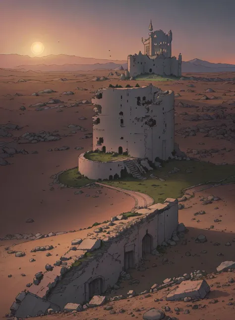 draw of a place,
mars, sun, pink sky, astronaut far, ruins, castle,
<lora:Cozy_Style-000002:.7>
