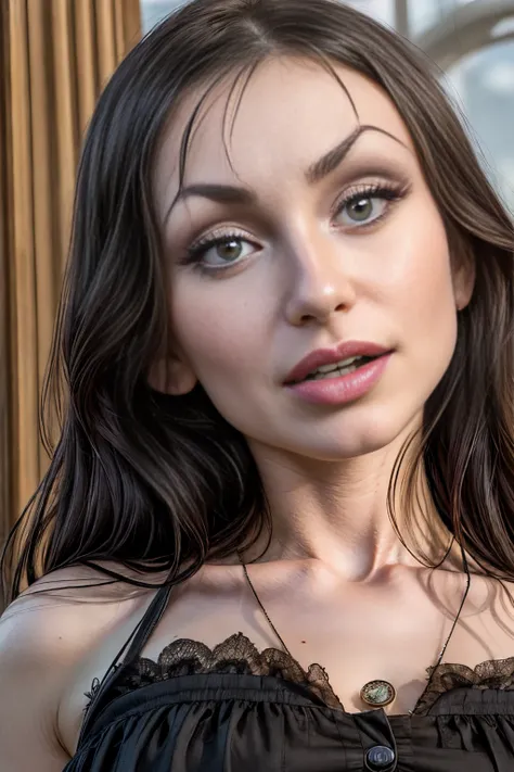 closeup portrait, 1girl, SashaRosev15, ((victorian dress)), looking at viewer, atmospheric scene, masterpiece, best quality, (detailed beautiful face, detailed skin texture, ultra-detailed body) <lora:add_detail:1> <lora:PleaserClearHeels:1>