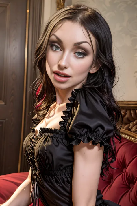 high res, ultrasharp, 8K, masterpiece, looking at viewer. Paige British . glittery fancy dress. sucking off viewer. in small closet