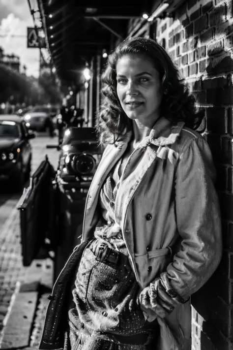 (girl taking a picture, holding a camera, street:1), (sign, brick, cars:1.2), (long hair, medium breast),(coat, skirt, open clothes, cleavage:1.2), looking at viewer, from below, smile, (NoirStyle:1.5), (retro, cinematic, high contrast, spot light), (smoke:1.2), (detailed ladscape:1.2), (dynamic_angle:1.2), (dynamic_pose:1.2), (realistic:1.4), ((realism)), (masterpiece:1.2), (best quality), (ultra detailed:1.2), (8k, 4k, intricate), (canon R5, 50mm focal length, f/5.6), (cowboy shot:1), (85mm),light particles, lighting, (highly detailed:1.2),(detailed face:1.2), (gradients), colorful,(detailed eyes:1.2), (ultra photorealistic:1.2), (detailed skin:1.2), <lora:epiNoiseoffset_v2:0.5> <lora:Noir_style:0.8>