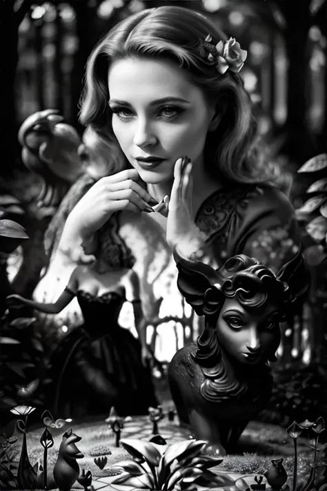 <lora:filmnoir:0.4> NoirStyle, woman, Enchanted Garden with Magical Creatures, masterpiece, 8k, high resolution, shallow depth of field, sharp focus