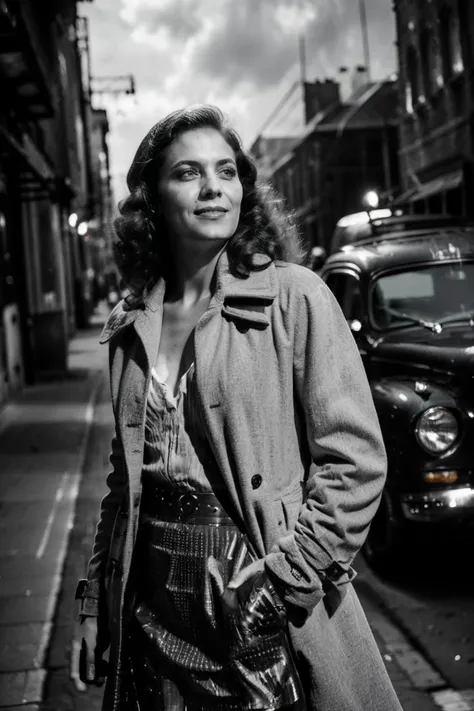 (girl taking a picture, holding a camera, street:1), (sign, brick, cars:1.2), (long hair, medium breast),(coat, skirt, open clothes, cleavage:1.2), looking at viewer, from below, smile, (NoirStyle:1.5), (retro, cinematic, high contrast, spot light), (smoke:1.2), (detailed ladscape:1.2), (dynamic_angle:1.2), (dynamic_pose:1.2), (realistic:1.4), ((realism)), (masterpiece:1.2), (best quality), (ultra detailed:1.2), (8k, 4k, intricate), (canon R5, 50mm focal length, f/5.6), (cowboy shot:1), (85mm),light particles, lighting, (highly detailed:1.2),(detailed face:1.2), (gradients), colorful,(detailed eyes:1.2), (ultra photorealistic:1.2), (detailed skin:1.2), <lora:epiNoiseoffset_v2:0.5> <lora:Noir_style:0.8>