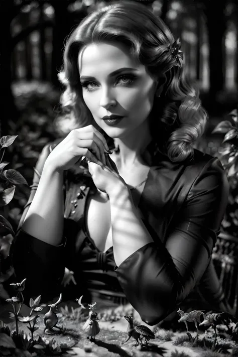 <lora:filmnoir:0.4> NoirStyle, woman, Enchanted Garden with Magical Creatures, masterpiece, 8k, high resolution, shallow depth of field, sharp focus