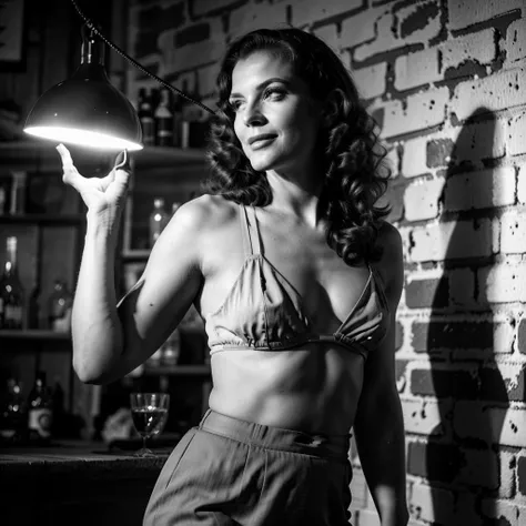 (girl walking in a musica bar:1), (sign, brick, hanging lamp:1.2), (long hair, medium breast),(crop top, skirt, open clothes, cleavage:1.2), looking at viewer, from below, smile, (NoirStyle:1.5), (retro, cinematic, high contrast, spot light), (smoke:1.2),
(detailed ladscape:1.2), (dynamic_angle:1.2), (dynamic_pose:1.2),
(realistic:1.4), ((realism)), (masterpiece:1.2), (best quality), (ultra detailed:1.2), (8k, 4k, intricate), (canon R5, 50mm focal length, f/5.6), (full body:1.4), (85mm),light particles, lighting, (highly detailed:1.2),(detailed face:1.2), (gradients), colorful,(detailed eyes:1.2), (ultra photorealistic:1.2), (detailed skin:1.2),
<lora:epiNoiseoffset_v2:0.5> <lora:Noir_style:0.75>