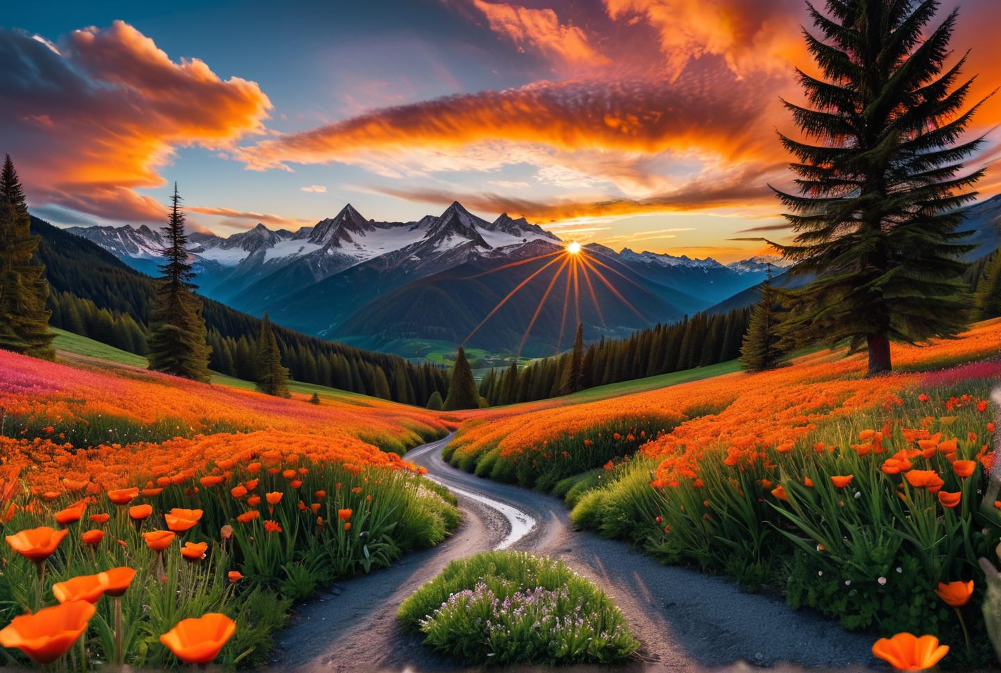 A view of a road through a field of flowers with mountains in the ...