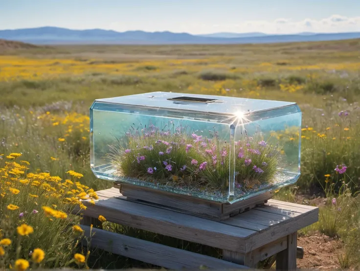 Photorealism, raw photography, intricate detailed, genious , intricate detailed high resolution photography of Quantum teleportation device (instantaneous-transport, matter-energy-transition), in front of ( a vast, open plain wildflowers blooming in every color) at Midday heat, harsh light, dusty roadside. (sweet grasses. In the distance, a crystal-clear river sparkles. expansive landscape, colorful blossoms, soft wind, aroma of sweetness, clear waters).