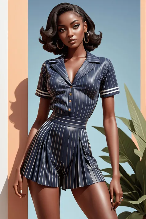 (3d cgi), a photograph of , a antiguans and barbudans seductive woman, in her 20s, fashion photograph, wearing a pleated wide leg jumpsuit top and a pinstripe skort, sexy outfit, propaganda poster aesthetic