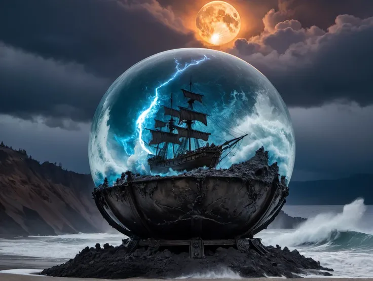 Photorealism, raw photography, intricate detailed, arousing , intricate detailed high resolution photography of A glass sphere sculpture, concealed inside the sphere is a large Pirate Ship in a Lightning storm, large waves, in the dark, detailed image, the moon, shaped sphere in front of ( on the boarder of an active volcano in Indonesia) at Early afternoon glare, intense light, sandy beach, waves crashing rhythmically. (electric blue flames, sulfuric crater lake, fox fire,).