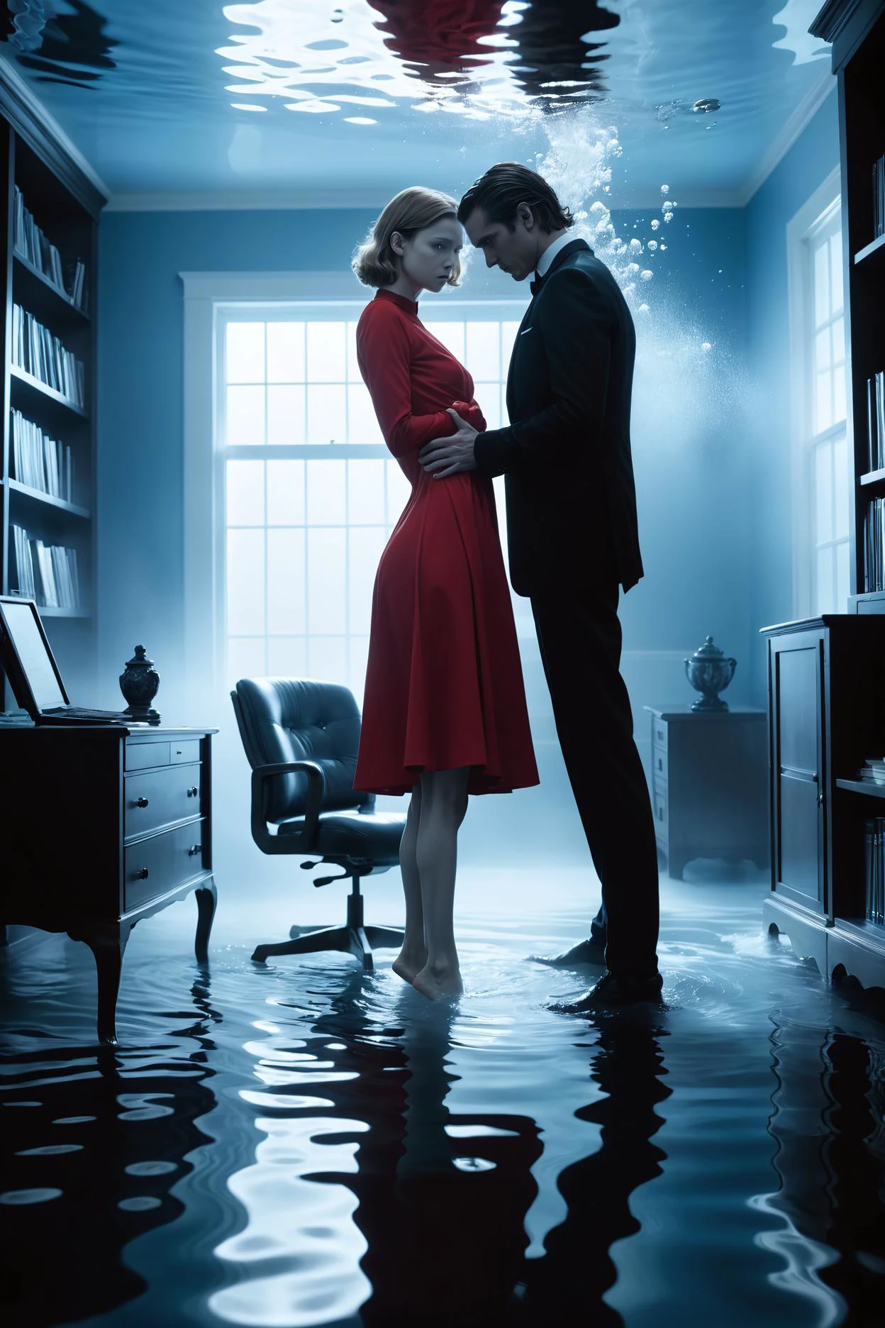 underwater photoshoot, ethereal, dreamlike, fluid, blue tinted score_9, score_8_up, score_7_up, the image captures a tense scene from a movie or tv show, as indicated by the youtube video thumbnail. in this scene, two people are in a room that has white walls and furniture, creating a contrast with their dark attire. one person is dressed in a red dress while the other is wearing a black suit. the room is furnished with a table and bookshelves filled with various items, suggesting a home or office setting. another person's back is visible in the foreground, possibly an onlooker to the unfolding events.