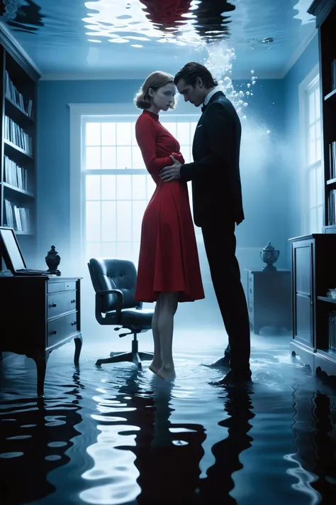 underwater photoshoot, ethereal, dreamlike, fluid, blue tinted score_9, score_8_up, score_7_up, the image captures a tense scene from a or tv show, as indicated by the youtube video thumbnail. in this scene, two people are in a room that has white walls and furniture, creating a contrast with their dark attire. one person is dressed in a red dress while the other is wearing a black suit. the room is furnished with a table and bookshelves filled with various items, suggesting a home or office setting. another person's back is visible in the foreground, possibly an onlooker to the unfolding events.