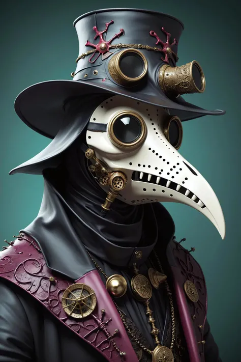 quirky robotic suit style a close up of a plague plaguer with a hat and a plaguer mask, a character portrait by ed binkley, cgsociety contest winner, vanitas, kenku, plague doctor, the plague doctor . stylized characters, team based shooter, colorful maps, dynamic action