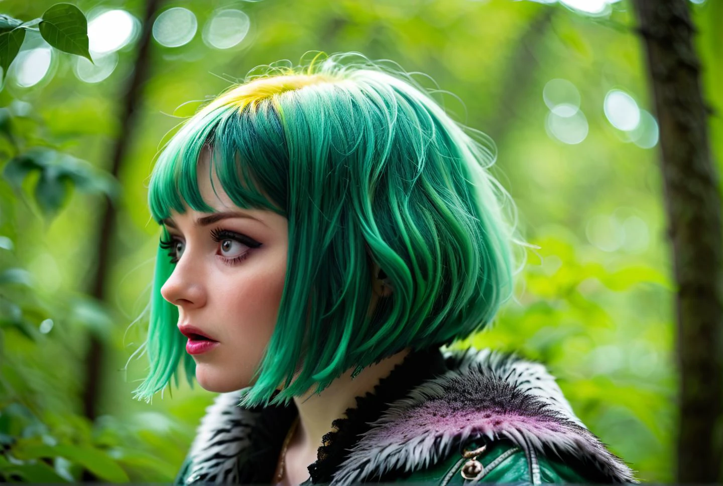 Photorealism, raw photography,  intricate detailed, perfect contrast , intricate detailed high resolution photography of  detailed bokeh photography from side, Pentax 645Z with Pentax-D FA 645 55mm f-2.8 of (1woman:(dyed green hair)(bob cut), )
(27 years old)  (kneeling:1.09)   in front of ( Trees soar high into the sky) at Noon showers, overcast sky, raindrops pattering.  (((fur: dirty), 
(fur color:Mardi Gras and Patriarch), ), (dazzled, messy, sleepy,  startled, surprised), ((hypnotic fur colors(fur: colorful), 
(fur color:Crimson (UA)), ),) their branches laden  enchanted creatures. Faeries dance amongst the foliage, casting a magical glow upon the forest floor