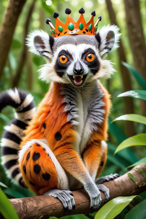 role playing game (rpg) style fantasy in the heart of a lush forest, a vibrant lemur stands out with its striking pattern. its fur is adorned with bold black spots, creating a captivating contrast against its orange base color. the lemur's large, expressive eyes seem to sparkle with curiosity as it gazes at the camera. a tuft of white hair crowns its head, adding an elegant touch to its appearance. with its mouth wide open in a joyful smile, the lemur seems to be inviting us into its world. this enchanting creature is perched on a verdant green leaf, further emphasizing the richness of its habitat. the entire scene exudes an art nouveau aesthetic, characterized by intricate designs and nature inspired motifs. . detailed, vibrant, immersive, reminiscent of high fantasy rpg games