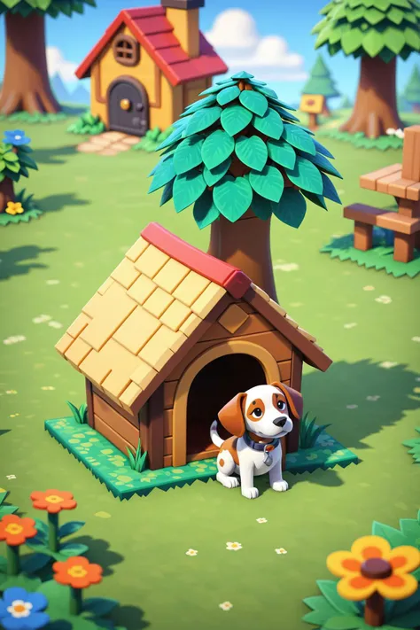 animal crossing style in the popular video game "3d blocky rendered video game", a player controlled adventurer navigates a vast, seemingly endless world filled with infinite possibilities. as they explore this pixelated realm, they encounter various mobs, both friendly and hostile. one such mob is the dog, a friendly creature that can be found in villages or as wandering npcs. in this particular scene, the adventurer has stumbled upon a cozy dog house situated in a lush green meadow. the adventurer approaches slowly, their curiosity piqued by the sight of the delightful little dog peeking out from its home. the adventurer crouches down, holding out a piece of bread for the dog. the dog's eyes light up with excitement, and it bounds out of the doghouse to greet the adventurer. they exchange affectionate glances, and the adventurer pets the dog before resuming their journey through this enchanting 3d blocky rendered video game world. . whimsical characters, vibrant colors