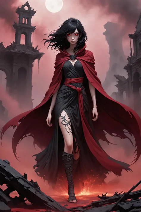 mystery film style here is the revised image generation prompt: in the desolate expanse of a scorched void, a lone figure emerges from the swirling vortex of crimson mist that hangs like a miasma over the barren landscape. the 37 year old woman's raven black hair is wild and unkempt, her eyes sunken and haunted as she gazes out at the twisted, blackened trees that seem to writhe in agony beneath the blistering sky. wrapped in a tattered, crimson cloak that appears to be infused with an otherworldly energy, she stands tall amidst the wreckage of some long forgotten civilization, her very presence seeming to draw forth the dark energies that lurk within the void. the distant chime of crystal windcatchers still echoes through the desolate landscape, but now it sounds like a mournful dirge, and the sweet scent of exotic spices has given way to the acrid tang of smoke and ash. as she approaches the fountain at the center of the ruined city, its waters seem to churn with an unspoken warning, releasing orbs that swirl and dance in a hypnotic pattern that seems more like a test than a greeting. every stone appears worn down by the weight of secrets, and every shadow seems to be hiding something it would rather keep hidden from prying eyes but the figure's gaze is fixed on the void, as if drawn inexorably towards some ancient horror that lurks just beyond the edge of perception. . puzzling scenarios, detective characters, hidden clues, suspenseful plotting