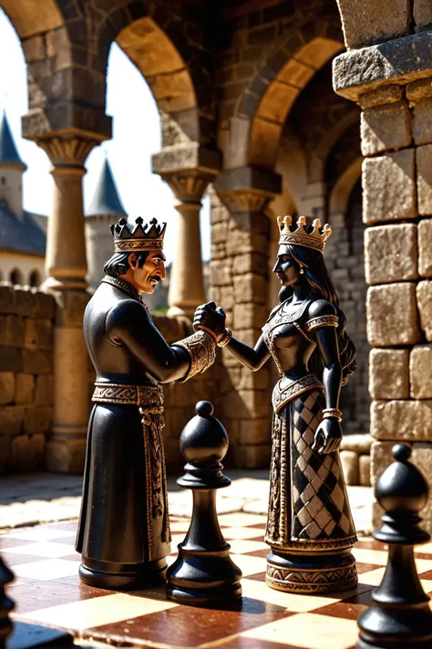 tribal style in the middle of a serene castle courtyard, a pachuco kingpin is enjoying his victory over a rival in a game of chess. the black rook stands tall next to the white queen, both gleaming under the sunlight filtering through the arches of the surrounding stone walls. a castle like backdrop paints an ominous scene, hinting at the stakes of their match. despite the peaceful setting, it's clear that this chess game is more than just a game it's a power play, with the winner set to reign supreme over the castle's inhabitants., realistic, field, photo background,highly detailed,24mm photograph, film, bokeh, professional, 4k, . indigenous, ethnic, traditional patterns, bold, natural colors, highly detailed