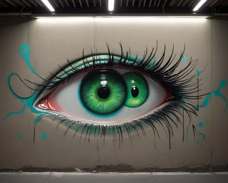 (((wall graffiti drawing:1.3) of 1woman, (mid twenty:1.15), big eyes, , (color scheme: linen,topaz,dark green,tomato), (Wall Graffiti:1.3), (Graffiti:1.2))) artwork, flat shading, (influenced by banksy), Lateral illumination, Off-axis lighting, Directional light, Panoramic view, Wide angle, (neon stripes:1.1), neon background, (glowing:1.1)(bioluminescence), light rays, (lineart, thick lines, clear lines:1.2), comic, 2d, (straight view:1.2), (frontal view:1.3), night, dark, (bioluminescence:1.2), (iridescent:1.2), pixar, animation, realism, (epic:1.2), realistic, trending on artstation, 3d, (high quality:1.2), (masterpiece:1.2), high details, incredibly absurdres, colorful), photograph, film, best quality, highres
