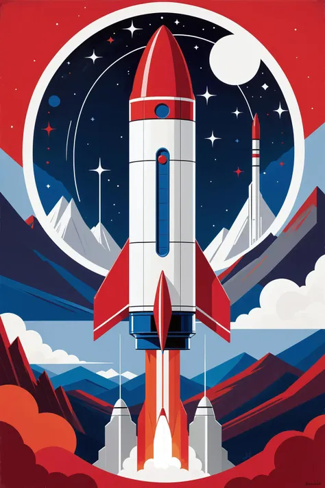de stijl style art deco boldness: space rocket, sleek and streamlined, painted in vibrant colors of red and white. surrounded by a circular frame, with the background featuring a starry sky and distant mountains, reflecting the era's fascination with technology and modernism. . abstract, vertical and horizontal lines, primary colors