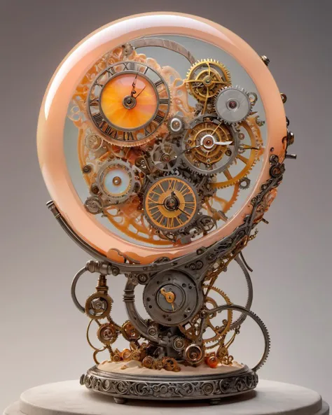 (no humans:1.3), (subjet: glass sculpture,opal), (filled with steampunk, clockwork city, sunset, warm hues, intricate mechanisms), (color scheme: peach,pale yellow,sand,ash gray),, pixar, animation, realism, (epic:1.2), realistic, trending on artstation, 3d, (high quality:1.2), (masterpiece:1.2), high details, incredibly absurdres, colorful), photograph, film, best quality, highres