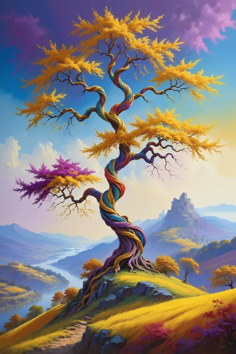 vibrant, rainbow colored, the image portrays a neoclassical style painting of a majestic tree standing tall on a hillside. the tree, characterized by its twisted trunk and sprawling branches adorned with vibrant yellow leaves, dominates the scene. its intricate network of branches reaches out into the sky, creating a striking contrast against the clear blue backdrop. the background showcases an expansive view of mountains, adding depth to the composition. the artist's signature is subtly placed in the lower right corner, completing the artwork with a touch of authenticity., the backdrop is a rich tapestry of gold and purple, giving off an opulent vibe reminiscent of indian royalty.