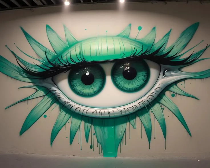 (((wall graffiti drawing:1.3) of 1woman, (mid twenty:1.15), big eyes, , (color scheme: vanilla,medium seagreen,sage), (Wall Graffiti:1.3), (Graffiti:1.2))) artwork, flat shading, (influenced by banksy), Lateral illumination, Off-axis lighting, Directional light, Panoramic view, Wide angle, (neon stripes:1.1), neon background, (glowing:1.1)(bioluminescence), light rays, (lineart, thick lines, clear lines:1.2), comic, 2d, (straight view:1.2), (frontal view:1.3), night, dark, (bioluminescence:1.2), (iridescent:1.2), pixar, animation, realism, (epic:1.2), realistic, trending on artstation, 3d, (high quality:1.2), (masterpiece:1.2), high details, incredibly absurdres, colorful), photograph, film, best quality, highres