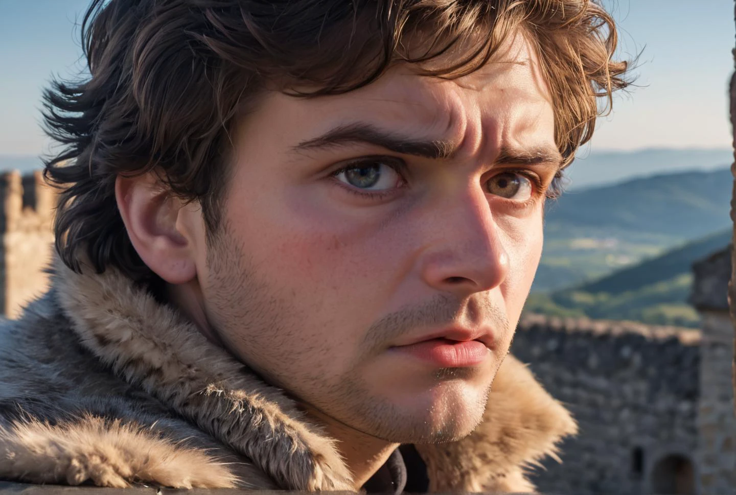 Photorealism, raw photography, intricate detailed, (skin details) , intricate detailed high resolution photography of detailed bokeh photography , Canon EOS 5D Mark IV with Canon EF 24-70mm f-2.8L II of 1man Smooth skin, poised for action, beyond the line of vision, tantalizing,
(23 years old) (laying on back:1.22) in front of ( on top of the tower of an old castle) at Late morning shadows, cooler temperature, hiking trail scenery, mountain views. (((fur: reflective),
(fur color:Persian green and Wheat), ), (chest visible, face visible, Frown, concerned, worried,Widen eyes, amazed, astonished,Cry, tears streaming down the face), ((colorful(fur: dazzled),
(fur color:Rose quartz and Amethyst), ),) embrasures, wide view, ancient castle, epic view, horizon visible