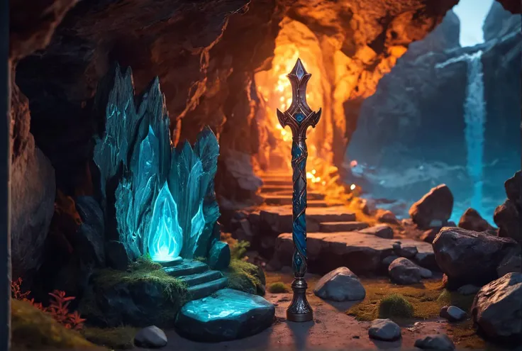 Photorealism, raw photography, intricate detailed, (crafted style) , intricate detailed high resolution photography of a display stand for a fine slim (magic staff:1.5) with details of icons of rpg gaming interface skill icons in front of ( inside a colorful fantasy mystic cave) at Dawn's first rays, bluish light, frosty grass, breath visible in cold air. (rocks, water, reflections, colorful luminescent minerals, mystic atmosphere).
