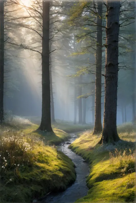 score_7, score_6_up, score_5_up, score_4_up,intricate ultra realism style, abnorm details (full body:1.57) of (nohumans:1.2) (Lavish) (Informative) scenery, (forest clearing). (detailed, grass, stream, flowers, trees, springtime, (early morning sunlight:0,95), (dappled sunlight:1,35), (morning fog:0,70), steam, Dawn's first rays, bluish light, frosty grass, breath visible in cold air, , (details:NATUREDETAILS)), dramatic lighting, perfect details, perfect shadows, dappled light, light rays, particle lighting, high details, soft bokeh,